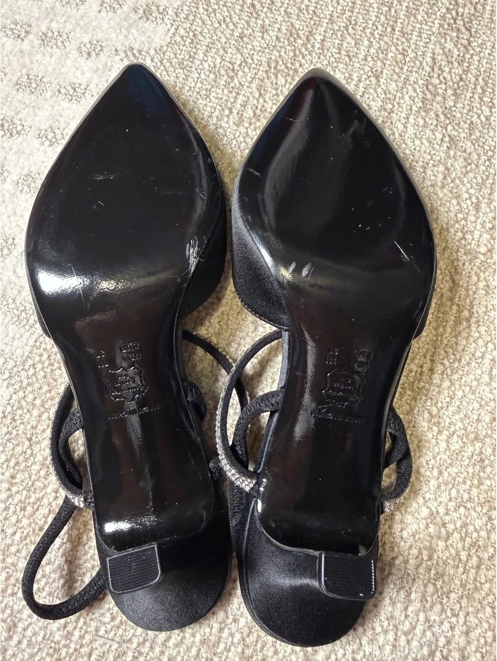 Nina New York Black Satin Slingback Heels with Rhinestone Strap